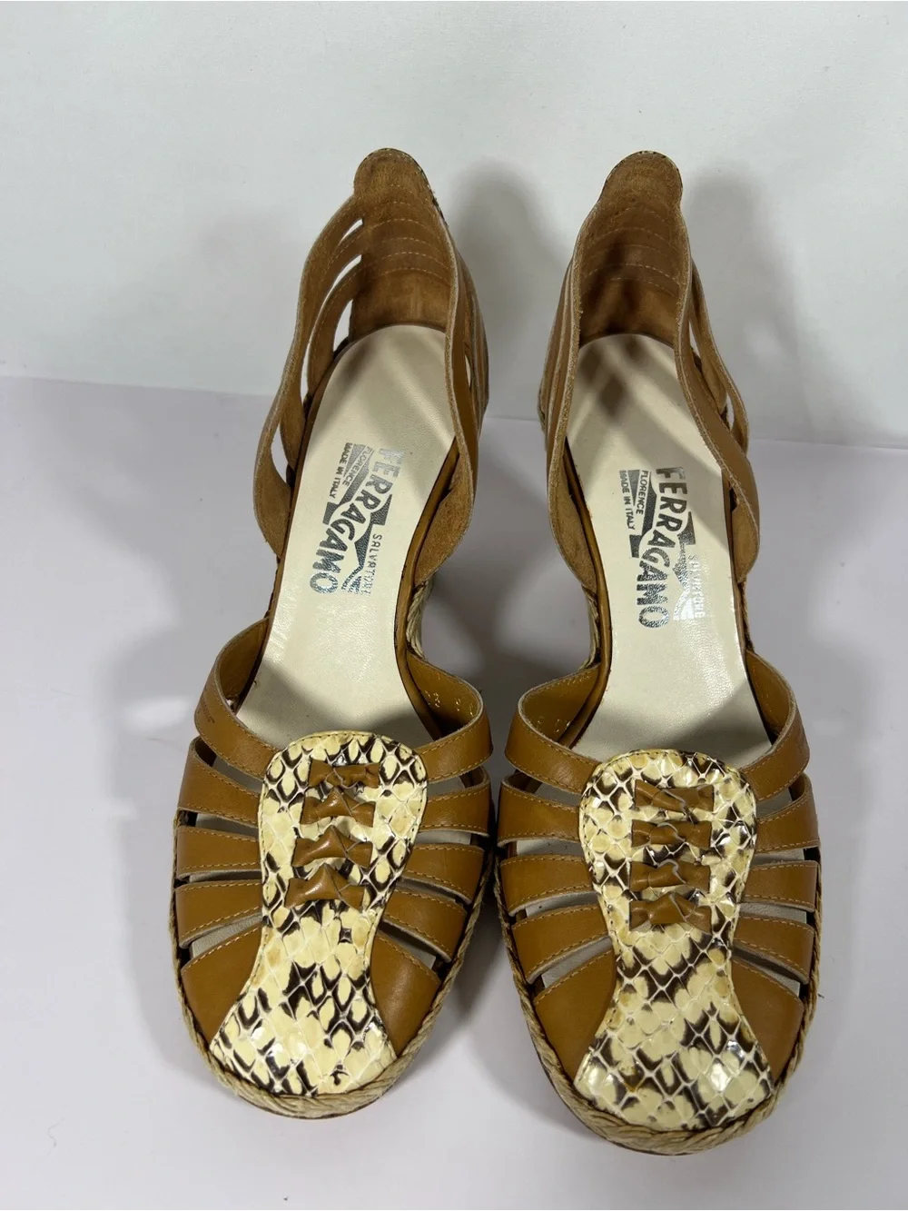 7051: Salvatore Ferragamo Python Leather Espadrille Wedges Size 9C